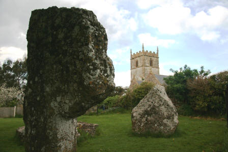 Stanton Drew Stone Circle with church in the background.